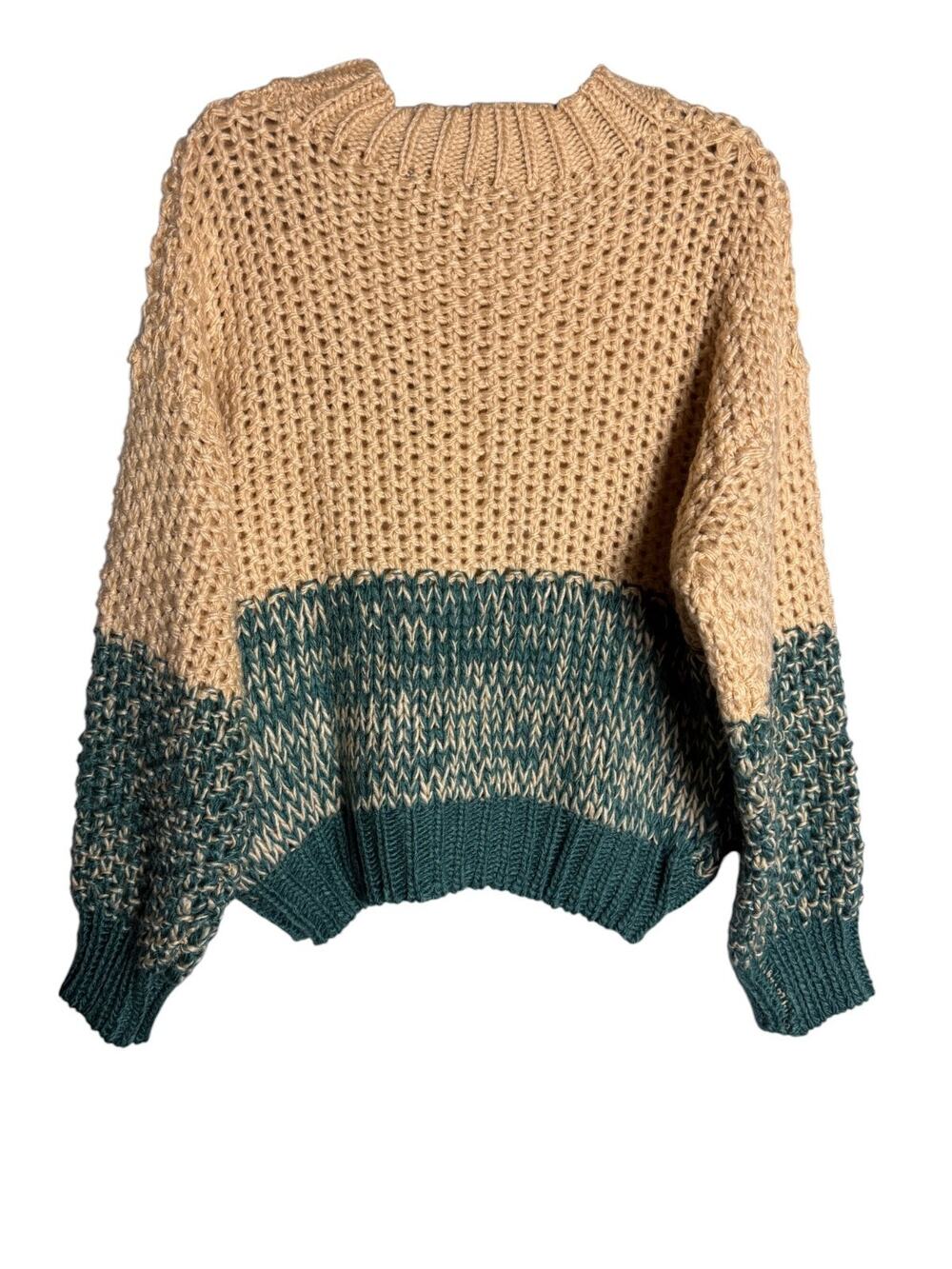 She + Sky Colorblock Chunky Knit Crew Sweater Forest Green Beige Tan Medium M